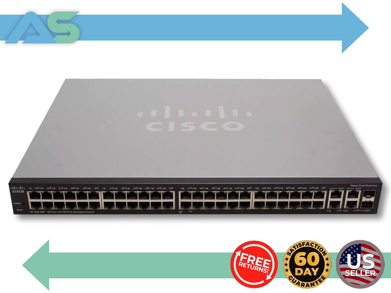 Cisco SF300-48P Layer 3 Managed Ethernet Switch 48-PoE 375W 2xCombo GigE/SFP