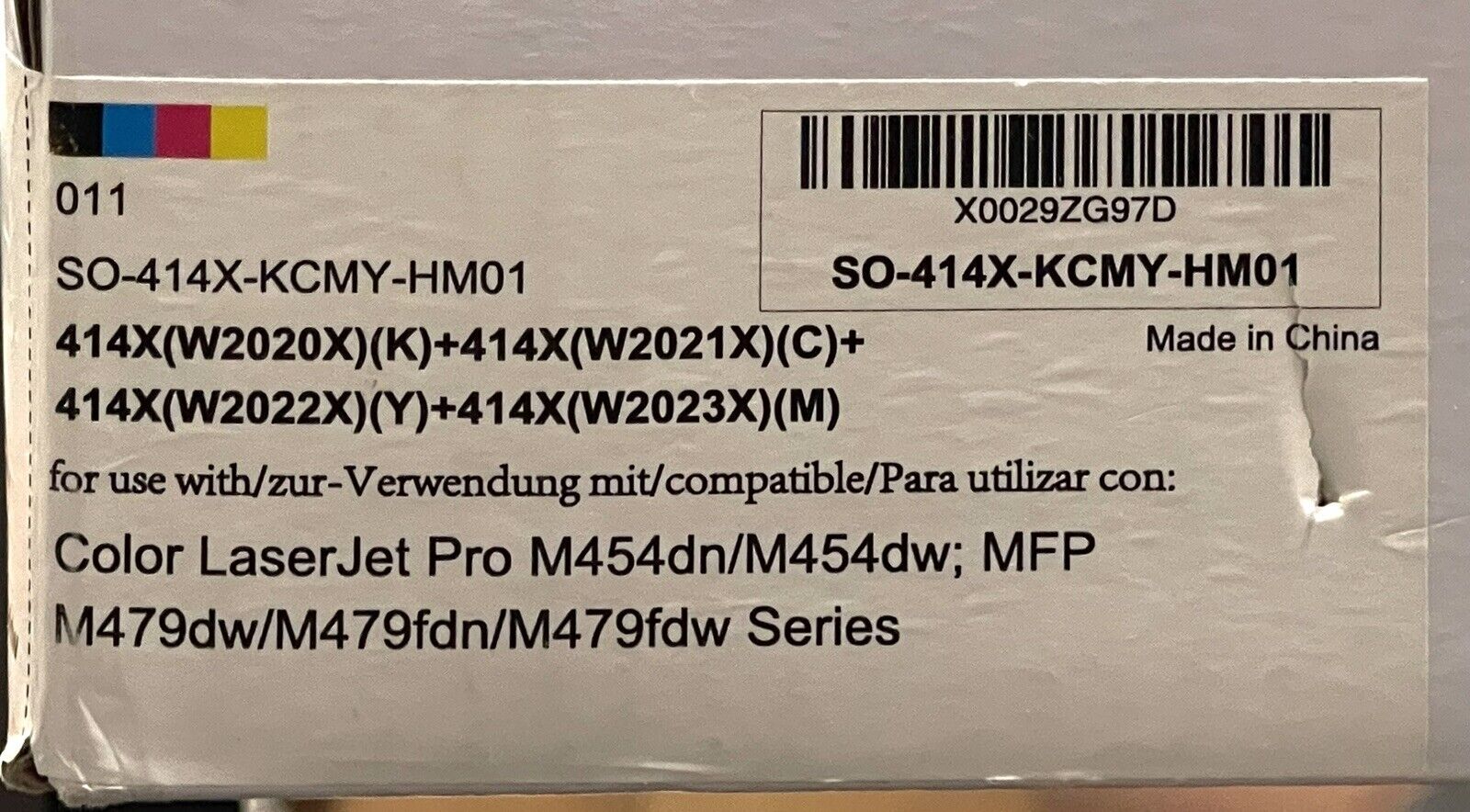 Set of 4 Compatible 414X HP Color LaserJet Pro Printer p/n SO-414x-KCMY-HM01