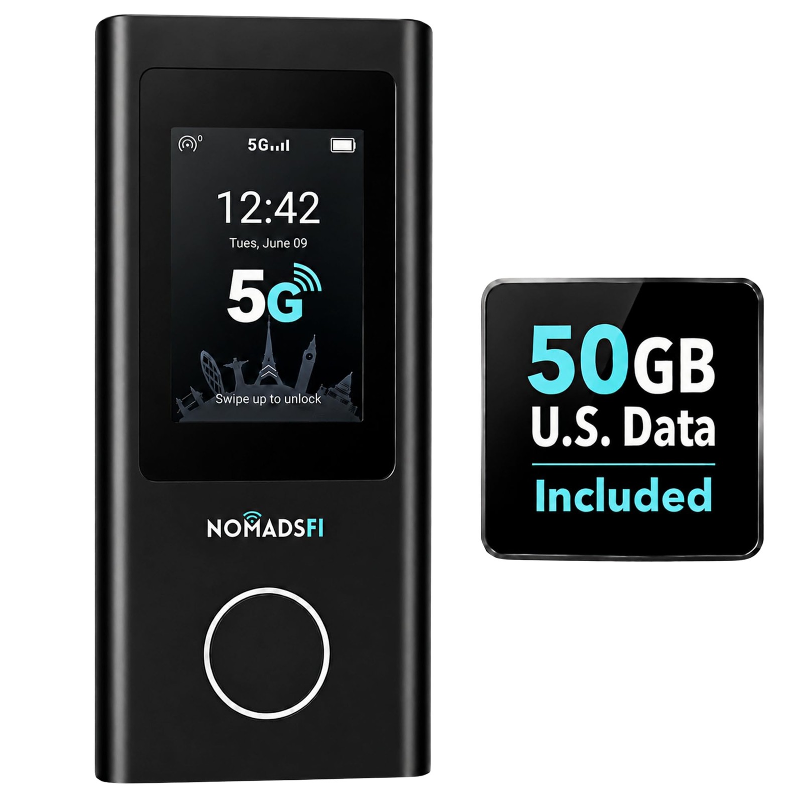 NomadsFi PocketFi 5G Mobile Hotspot for Travel with 50GB U.S. Starter Black