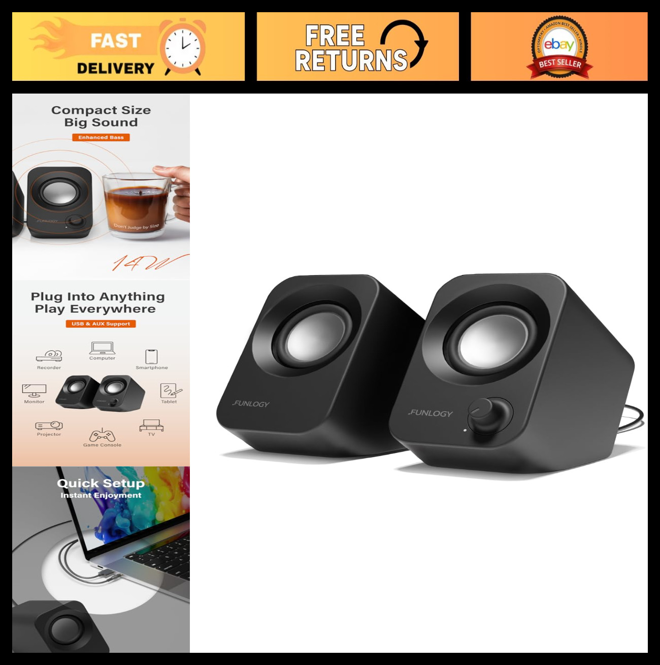 14W Stereo USB Powered PC Speakers, Compact 30° Tilt, Volume Control, Gaming & D