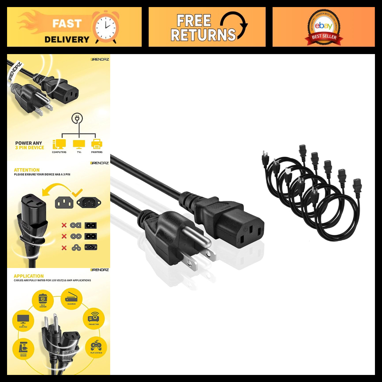 Universal 5-Pack AC Power Cord - 1ft 3-Prong Replacement for PC, Monitor, TV, Pr