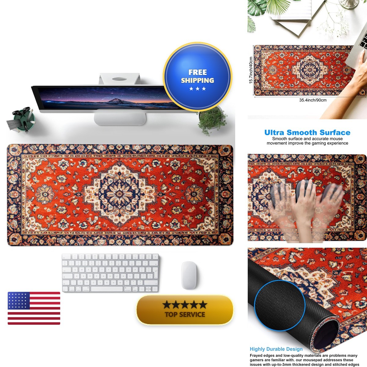 JAJNKHLN Vintage Red Boho Rug XXL Gaming Mouse Pad Desk Mat 35.4"x15.7"