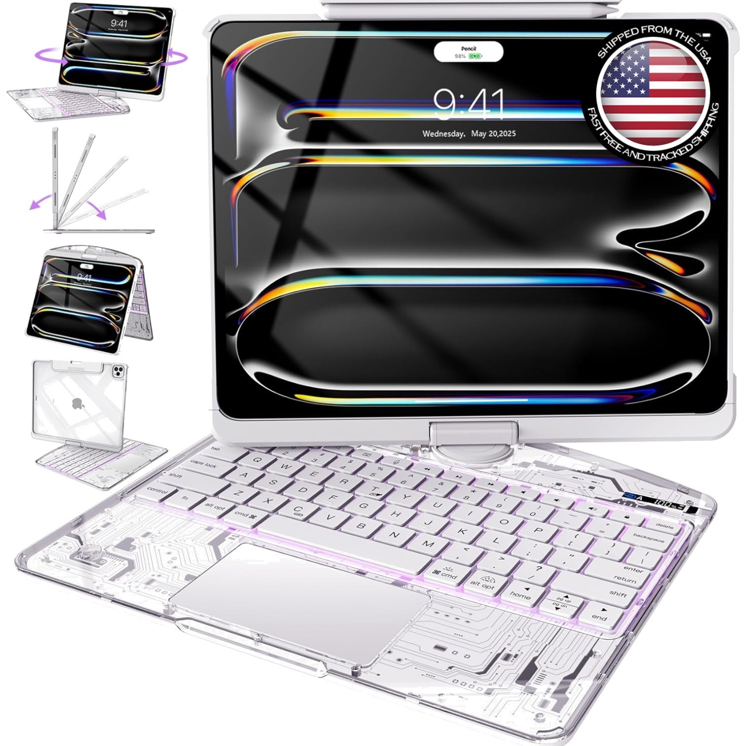 Luxury Clear Case for iPad Pro 13” with 7-Color Backlit Keyboard and Touchpad