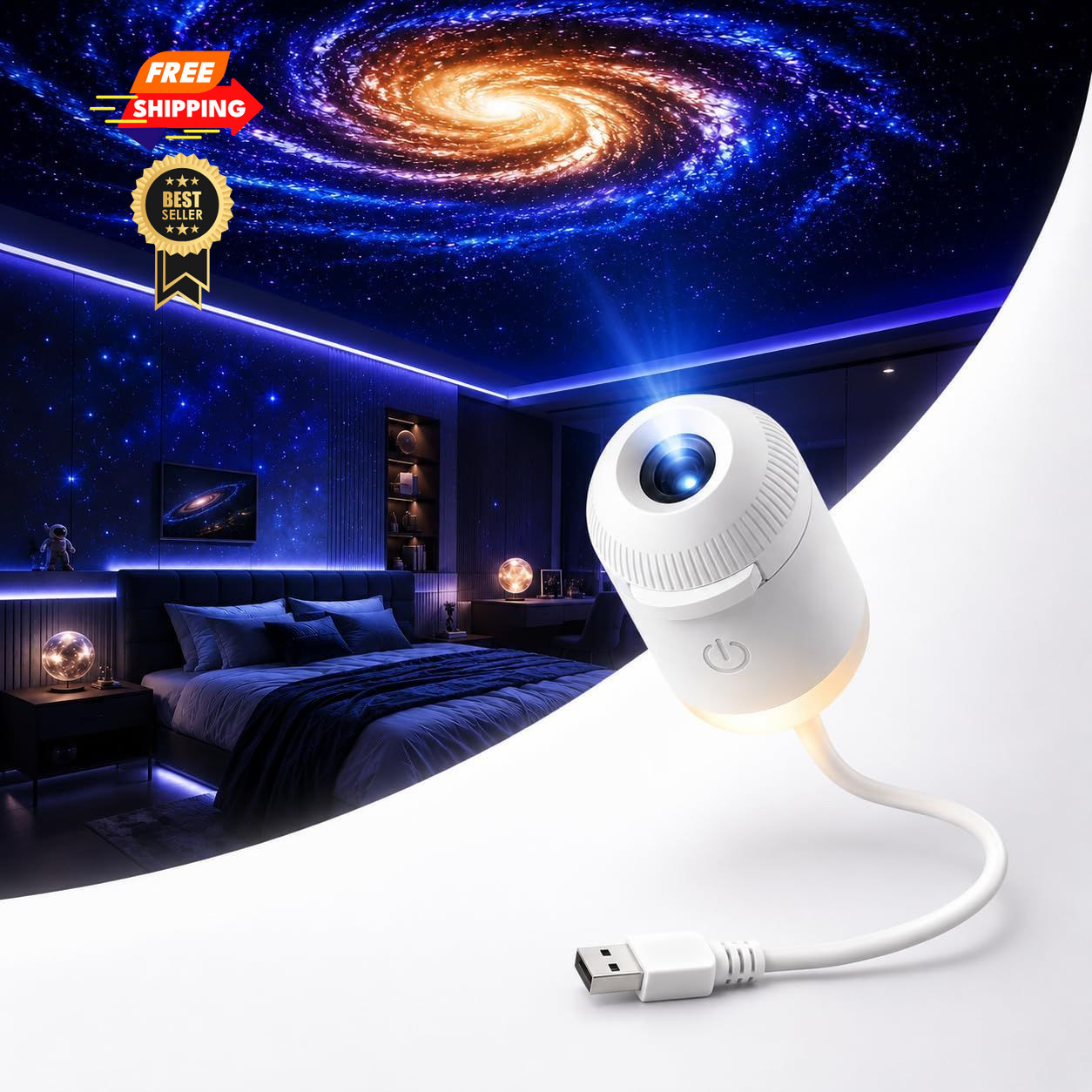 2-in-1 USB Galaxy Star Projector Night Light, 12 Slides, Touch Dimming White