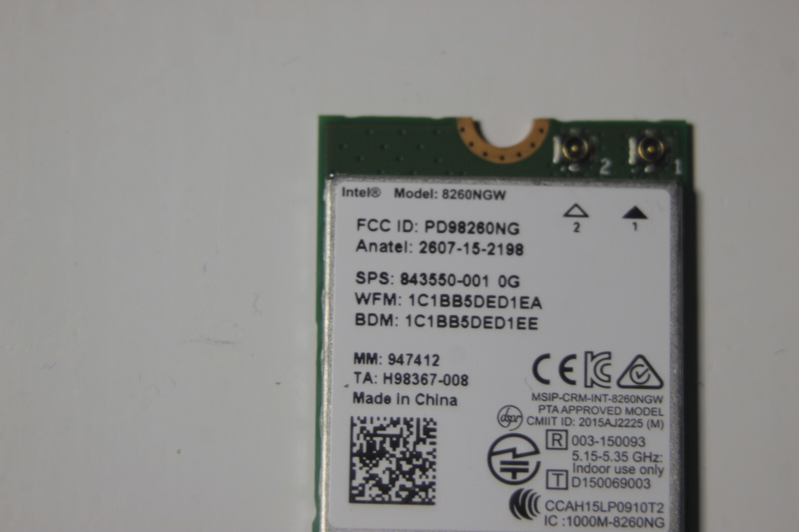Intel 8260NGW Wireless AC+BT4.2 Wi-Fi Card, Working condition.
