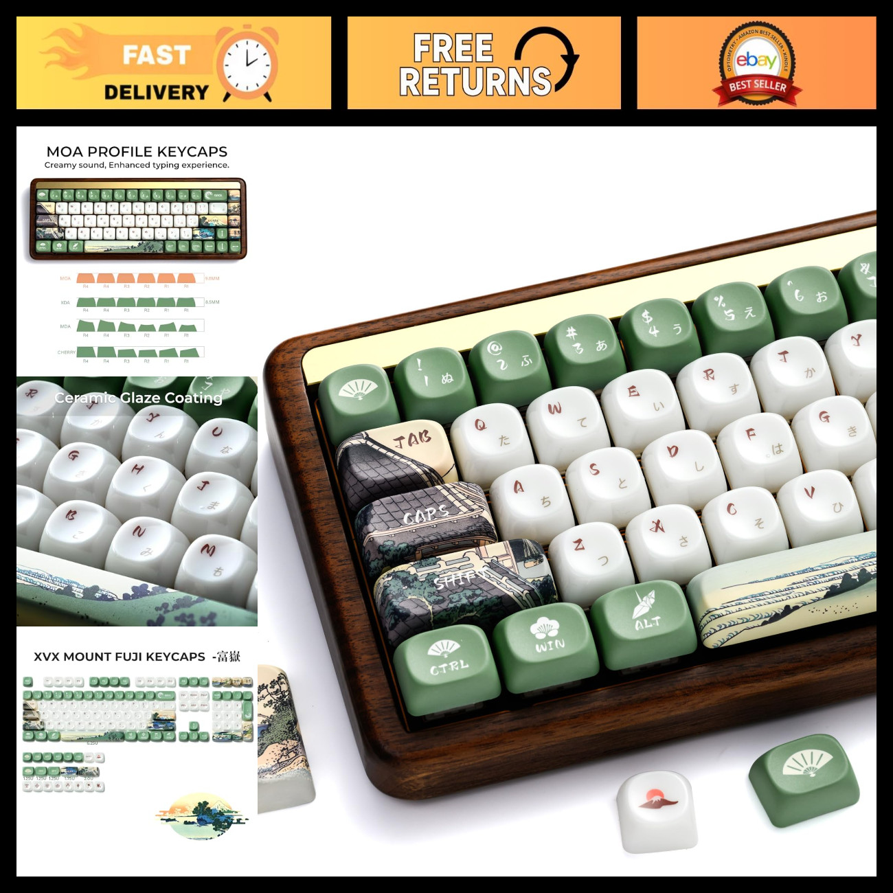 Japanese Mount Fuji Keycap Set - 129 White & Green PBT Custom Keycaps for Mechan