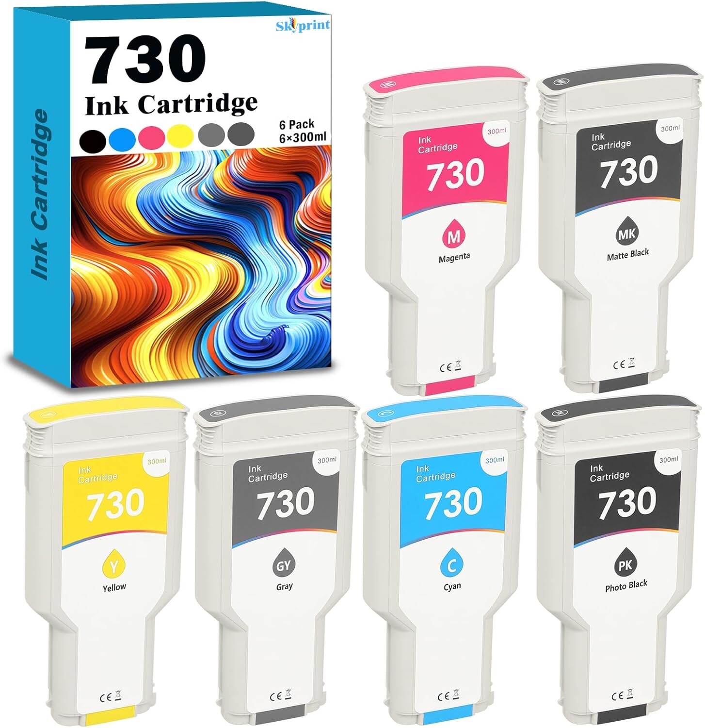 730 Ink Cartridges 300-ml Compatible HP730 Ink 6-Pack Replacement for HP 730 ...