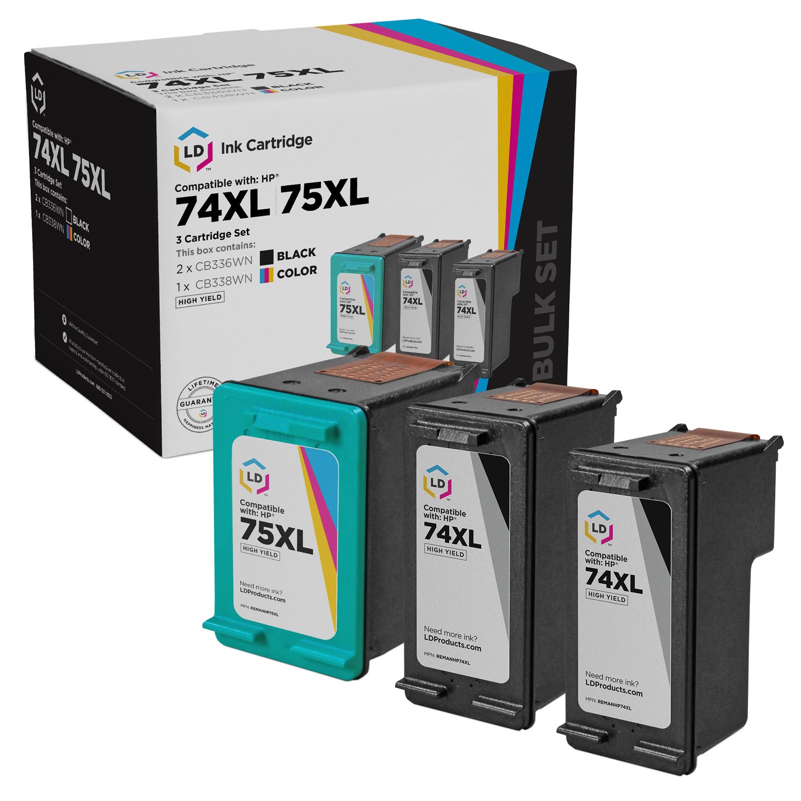 LD Replacement Replacements for HP 74XL 75XL Set of 3 HY Ink: 2 CB336 1 CB338