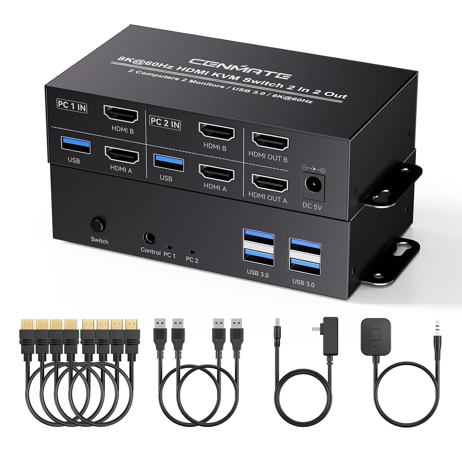 New - Cenmate 8K@60Hz HDMI KVM Switch 2 Monitors 2 Computers, with 4 USB 3.0