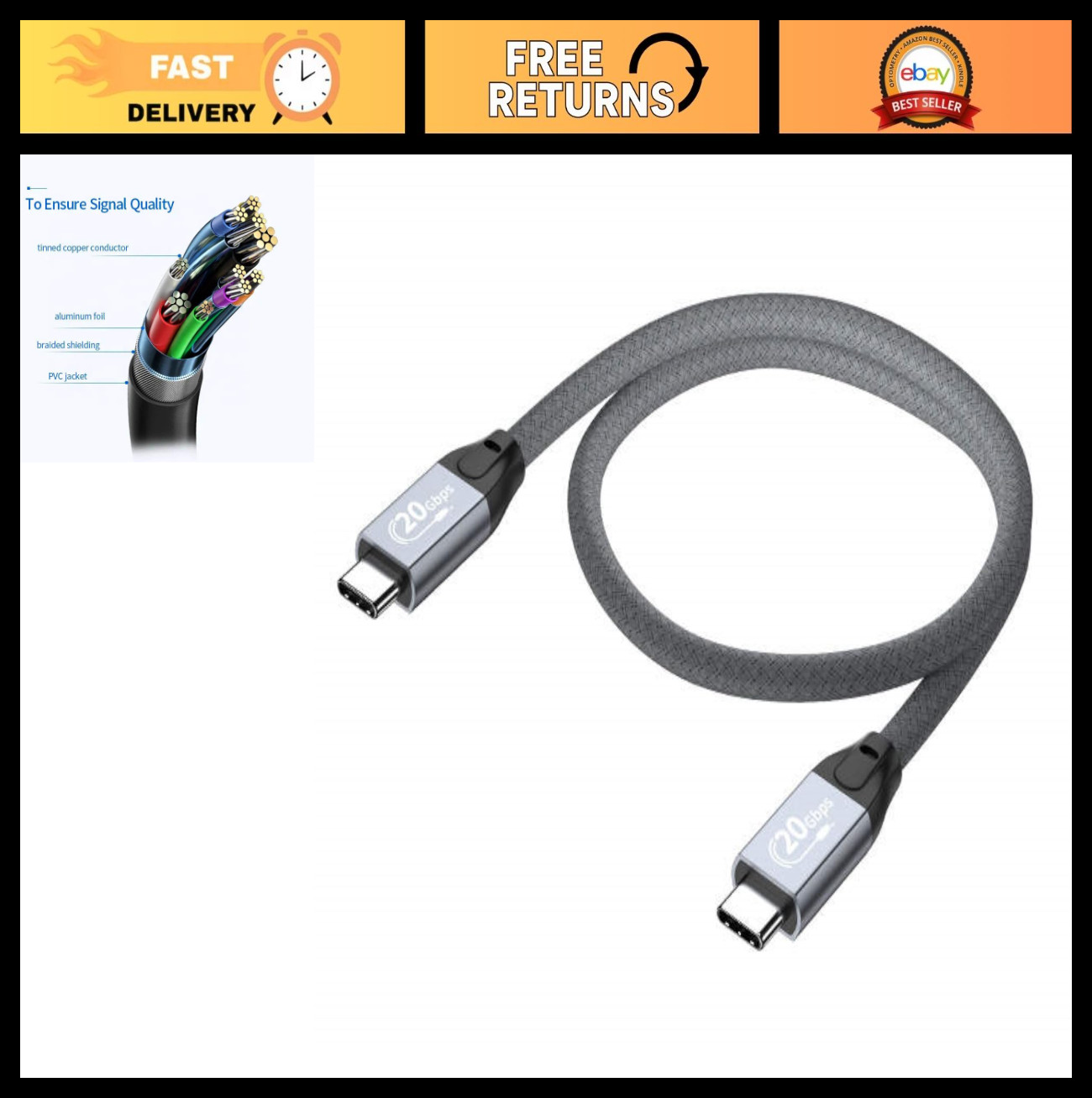 20in USB-C to USB-C Cable, 20Gbps High-Speed Data Transfer & Charging for SSDs,