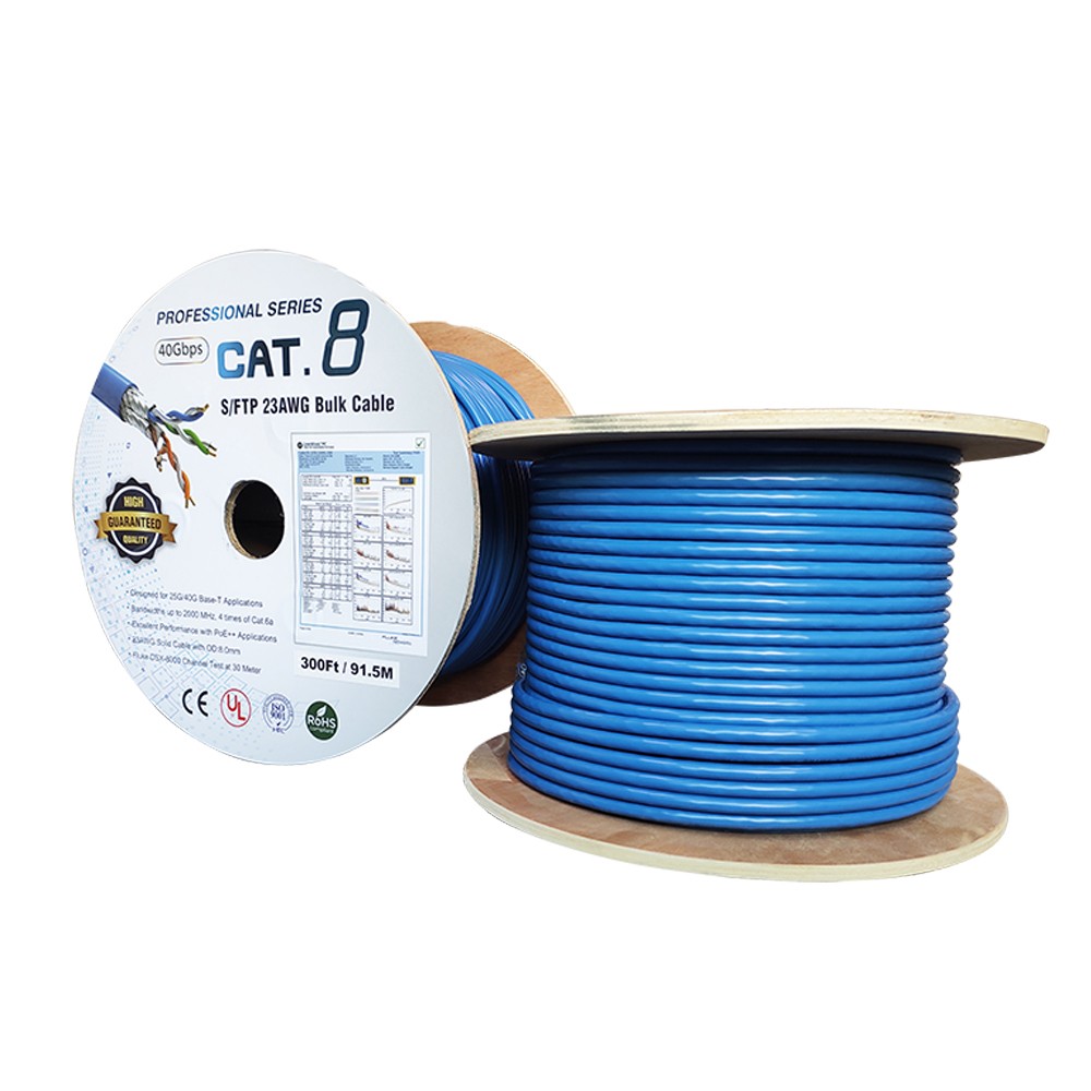 300Ft CAT8 Solid S/FTP Bulk Wire 23AWG 40Gbps Blue