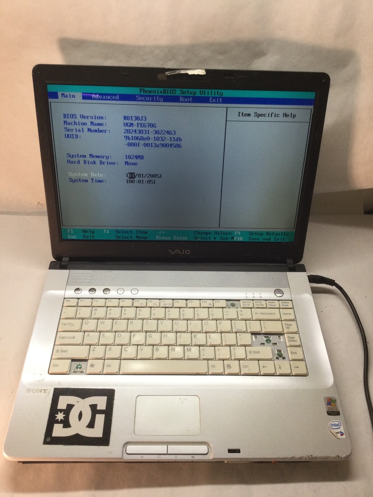 Sony Vaio VGN-FE670G Intel Centrino- BOOTS TO BIOS/MISSING KEYS -MZ