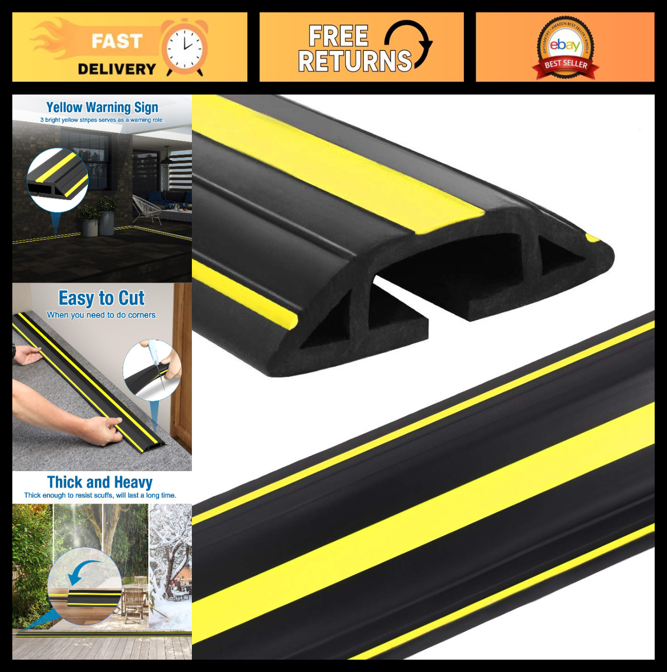 4ft Heavy Duty Cable Protector Cover - PVC Duct for Floor, Trip Hazard Safety, I