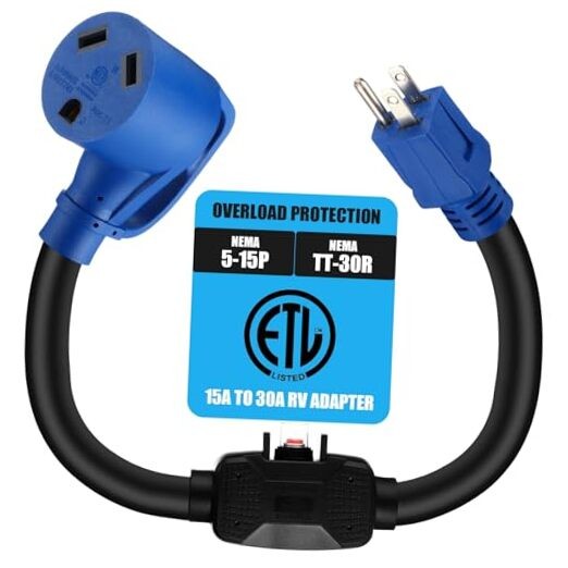 30 Amp to 110 Rv Adapter with Overload Protector Circuit 5-15p to Tt-30r