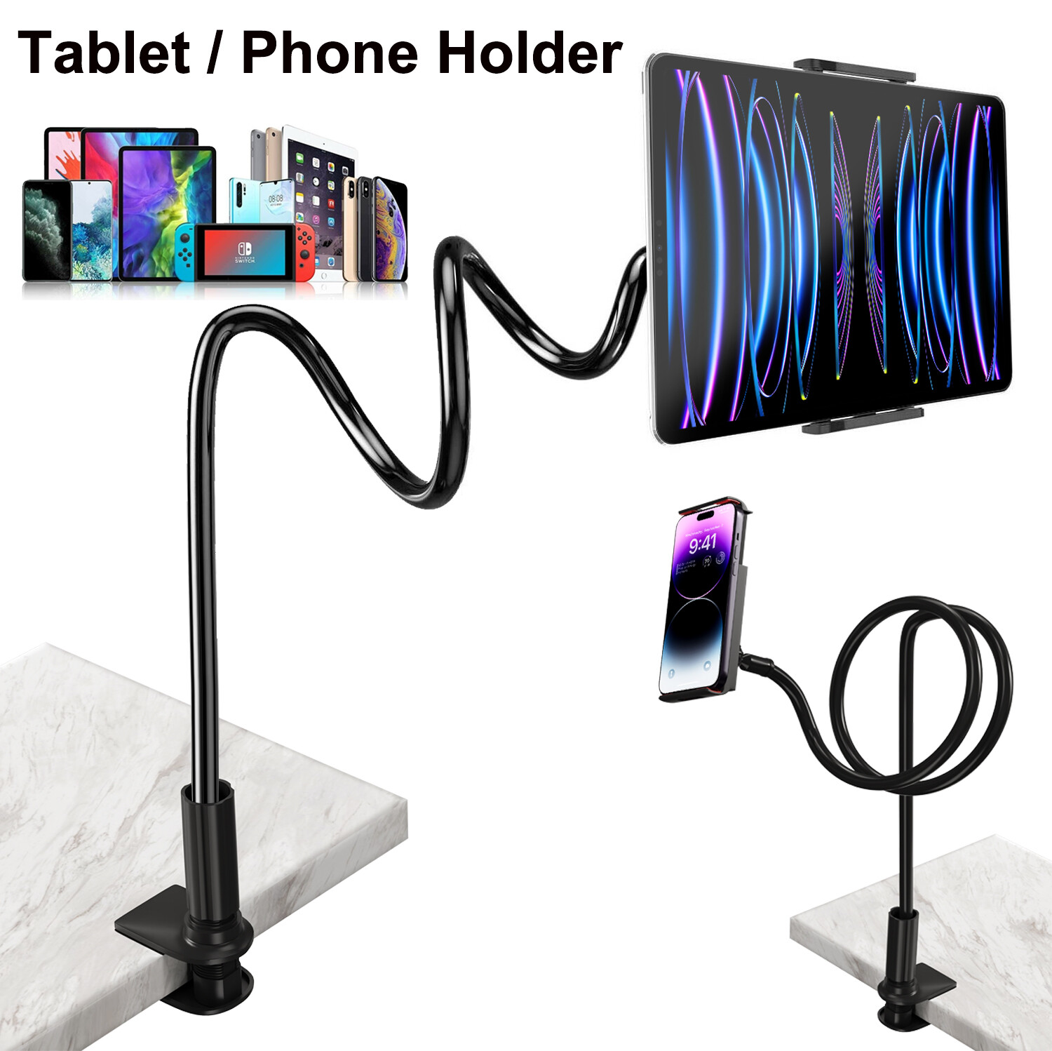 Universal Tablet Floor Stand Gooseneck Phone Holder Mount for iPad/Tablet/iPhone
