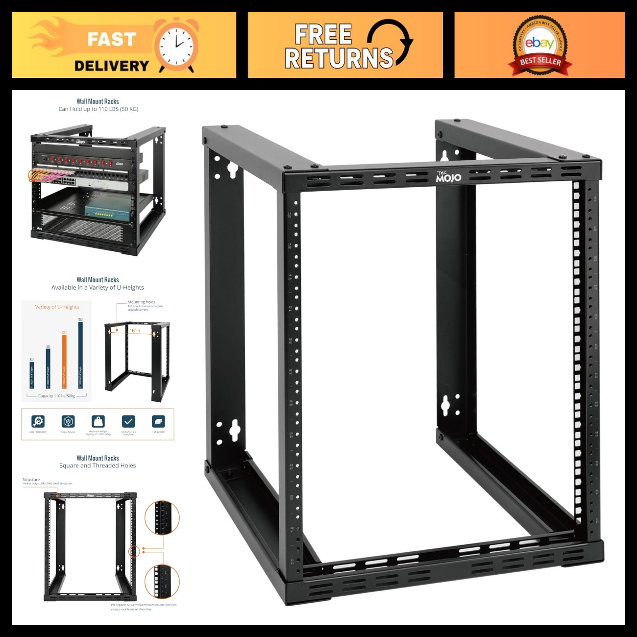 12U Wall Mount Rack - Open Frame Network Server Rack 15.8" Depth for IT/AV/Data