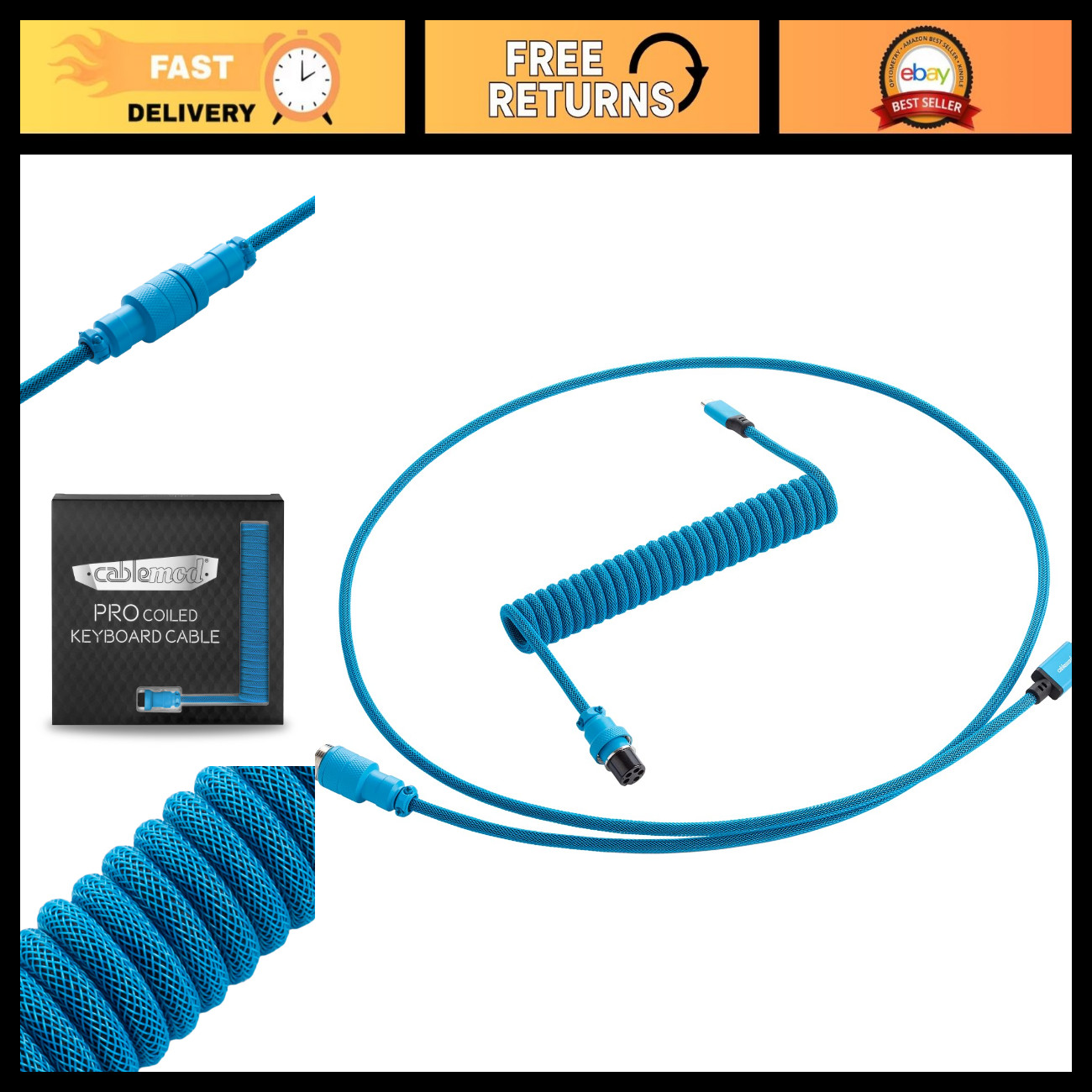 Coiled Keyboard Cable - Spectrum Blue USB A to C, 150cm, Custom Gaming Accessory