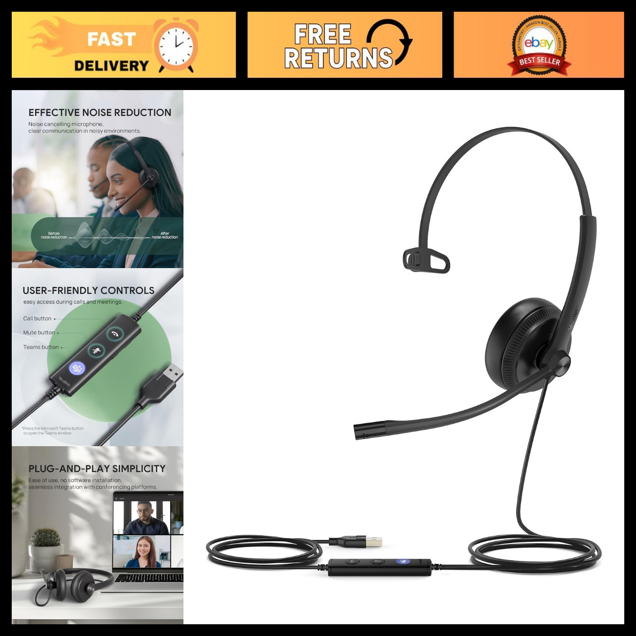 Wired USB-A Headset with Noise Canceling Mic, In-Line Control, On-Ear Design