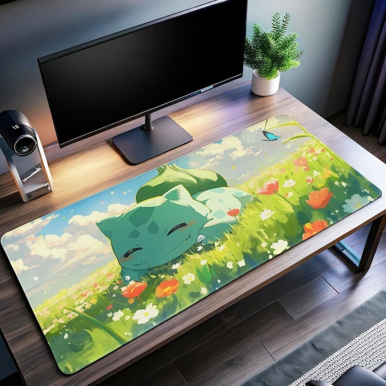 Bulbasaur in Bloom Gaming Desk Mat - Charming Pokemon Meadow Scene Mousepad CP89