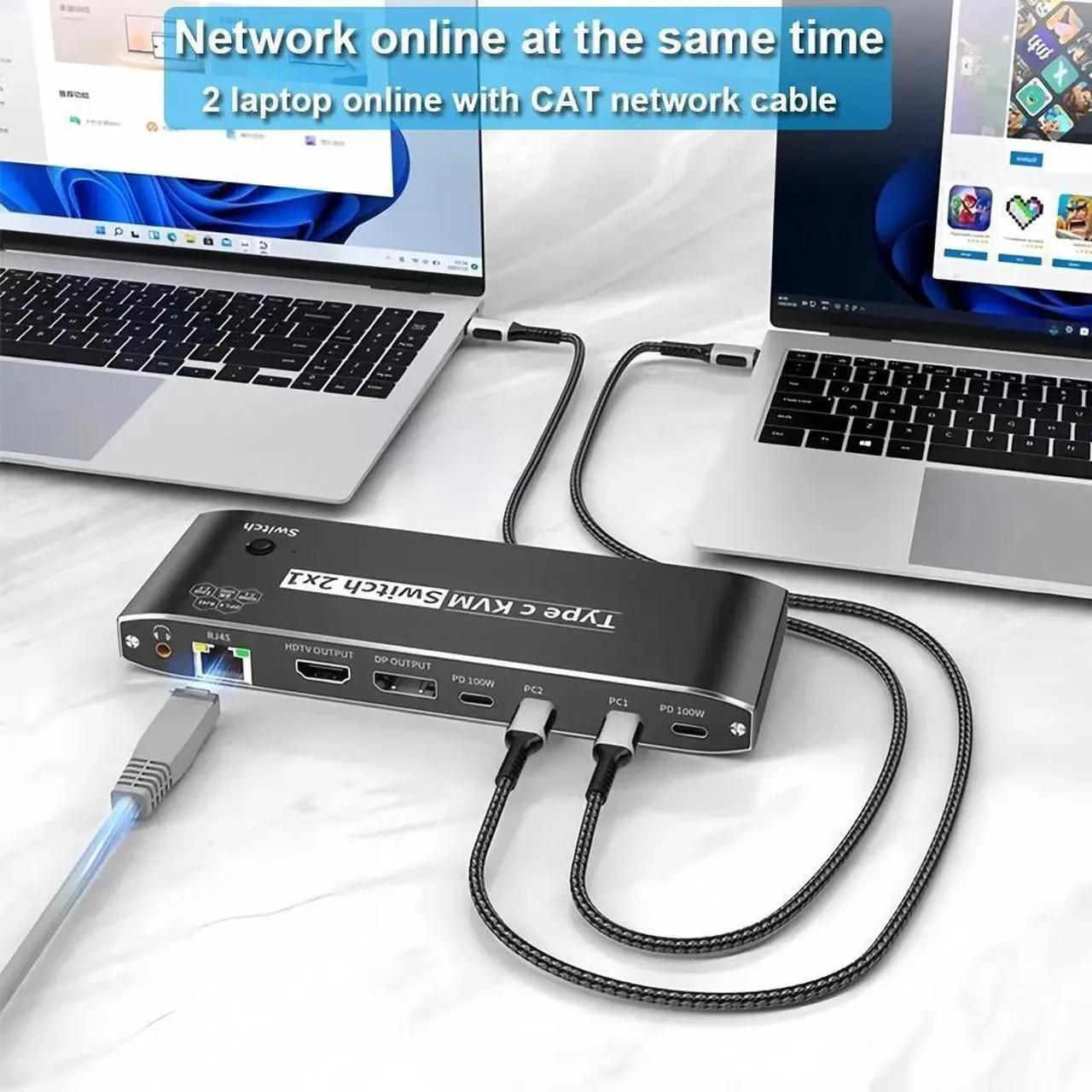 2x1 8K Thunderbolt 4 USB C KVM Switch RJ45 100W PD Charge 4K 144Hz Type C KVM S