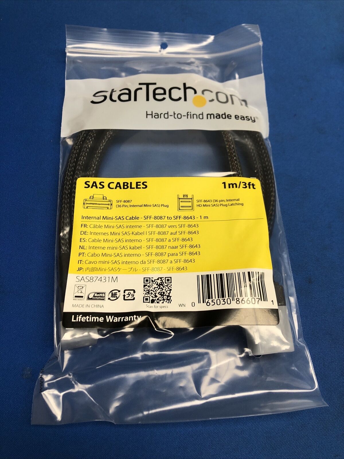 NEW StarTech 1m Internal Mini-SAS Cable - SFF-8087 to SFF-8643-1M