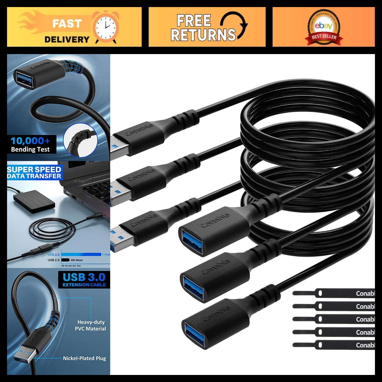8FT USB 3.0 Extension Cable - 3-Pack Male to Female USB-A Extender Cord