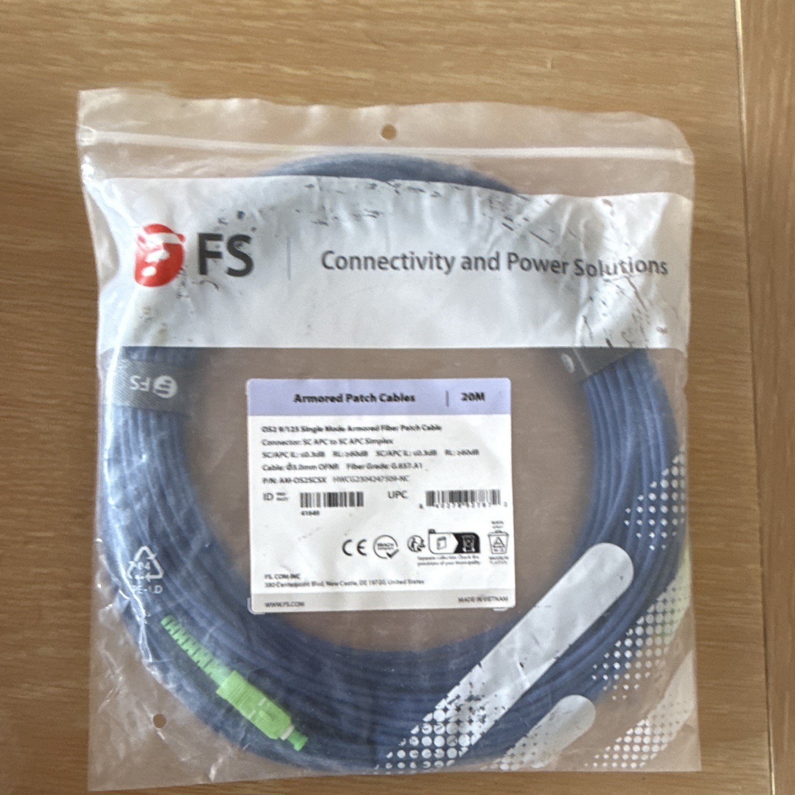 FS OS2 Single-Mode Armored Fiber Patch Cable SC APC to SC APC Simplex 20m Blue
