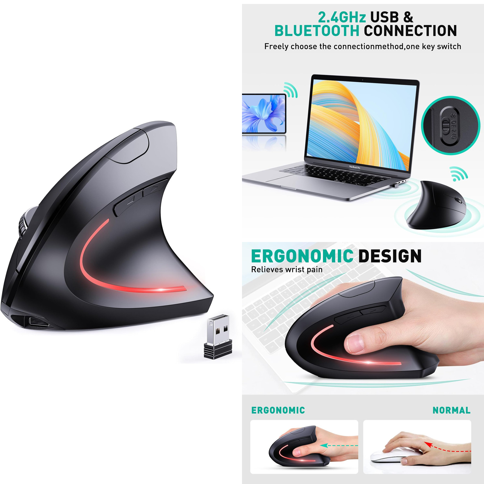 Bluetooth and 2.4G (2-in-1) Rechargeable Wireless Mouse, Ergonomic Vertical