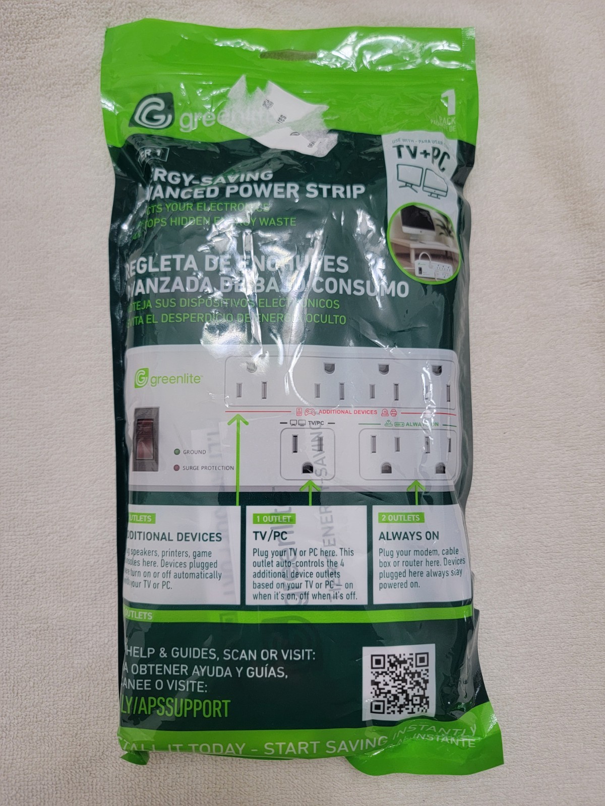 Greenlite TV+PC Energy-Saving Advanced Power Strip Surge Protector (7 Outlets)