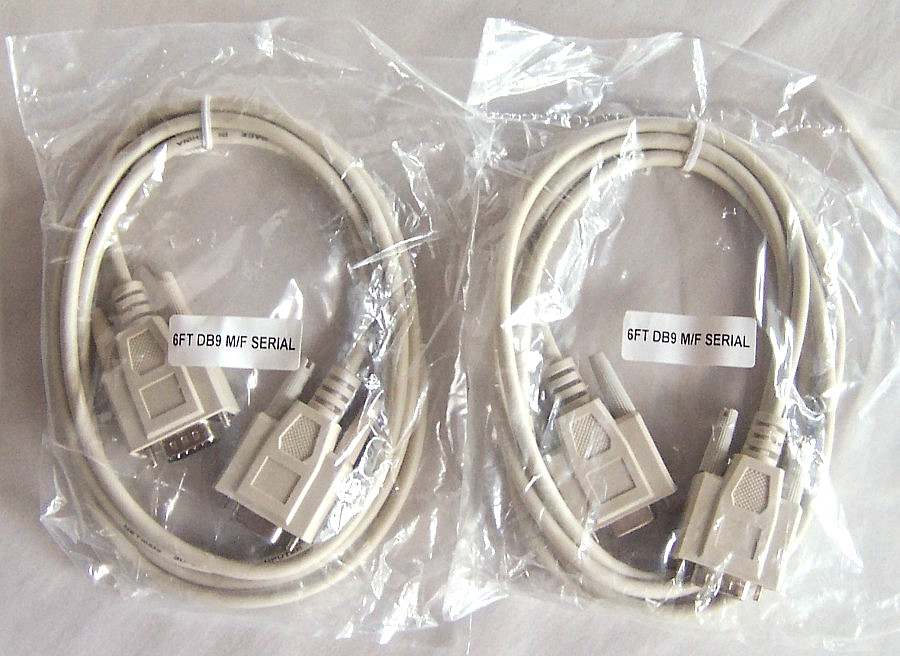 Set of TWO:  6 Ft DB9 9-Pin RS-232 M-F Serial Extension Cables - New, Sealed