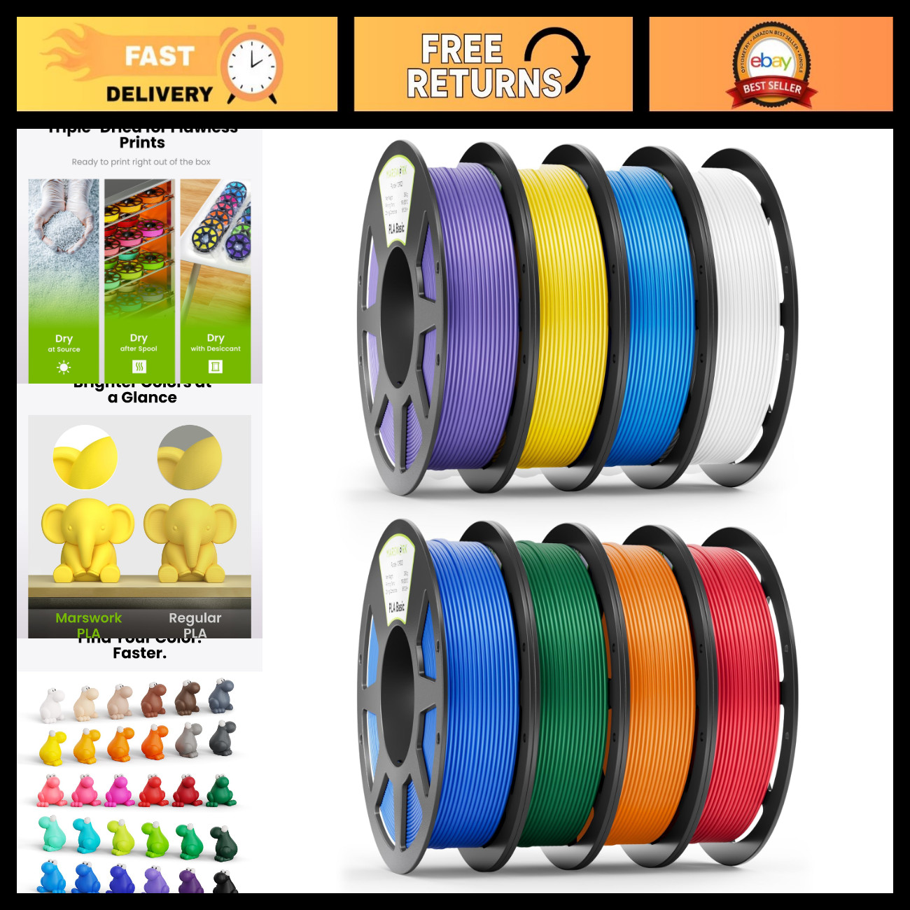 Pre-Dried PLA Filament Bundle, 8 x 250g for 3D Printing, High-Quality Material