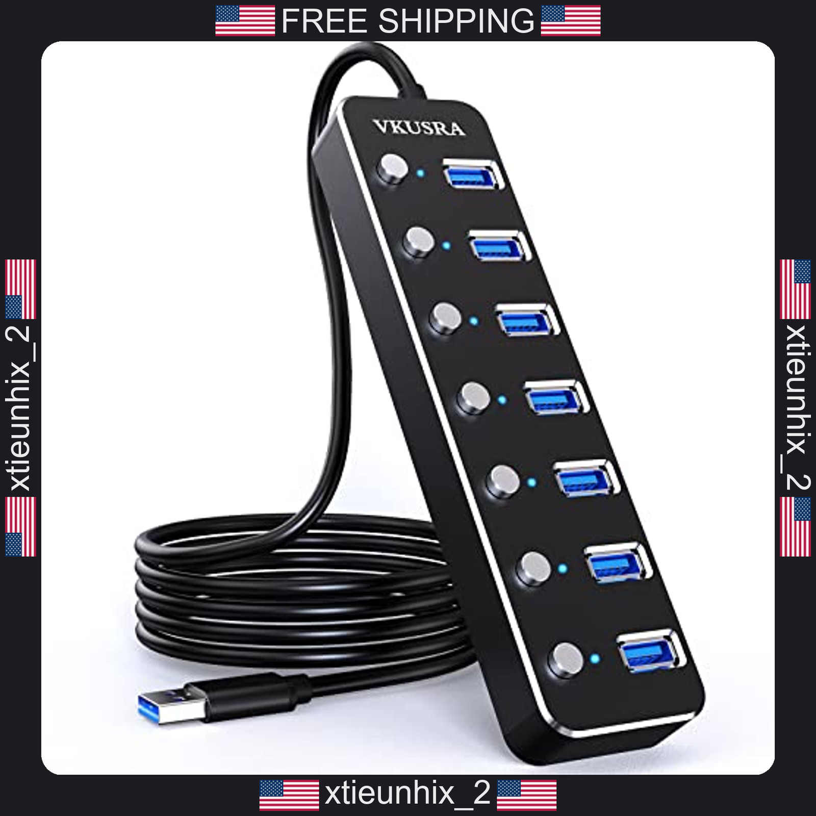USB Hub 7 Port USB 3.0 Aluminum with Individual Switch and 4ft Cable