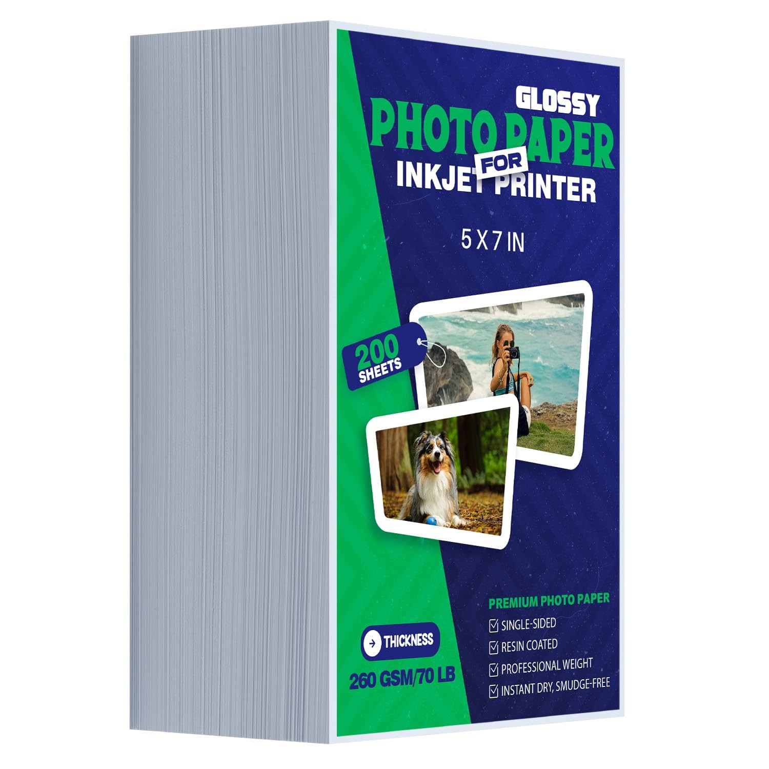 Glossy Photo Paper 5x7 Inch 70LB 260GSM 200 PCS Single Sided Inkjet Dry