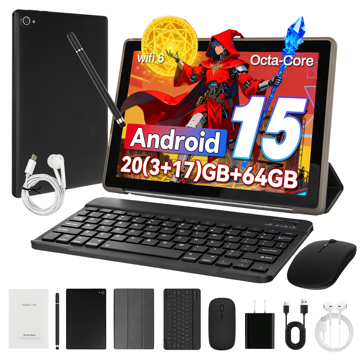 10 inch IPS Tablet 20(3+17)GB RAM 64GB ROM Octa-Core Wifi 6 Bundle KB Mouse