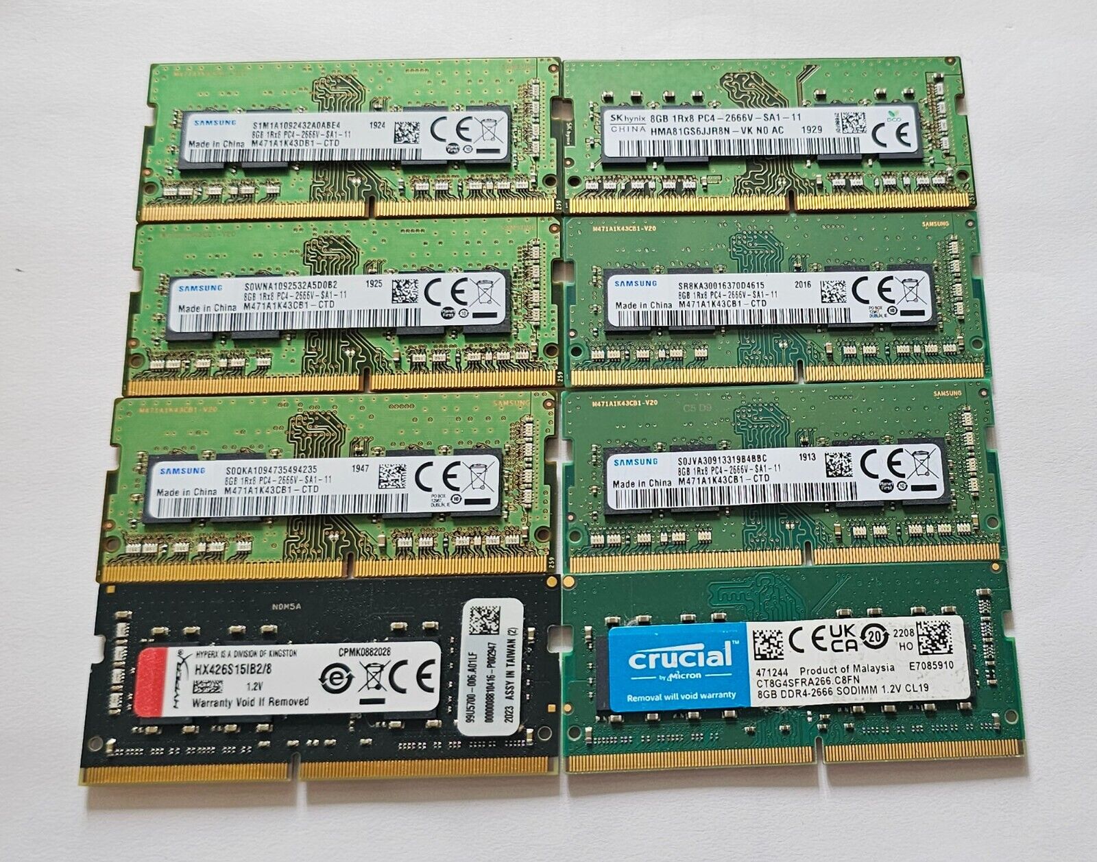 Mixed Lot of 8x 8GB (Total 64GB) PC4-21300 (DDR4-2666) Laptop RAM Memory Modules