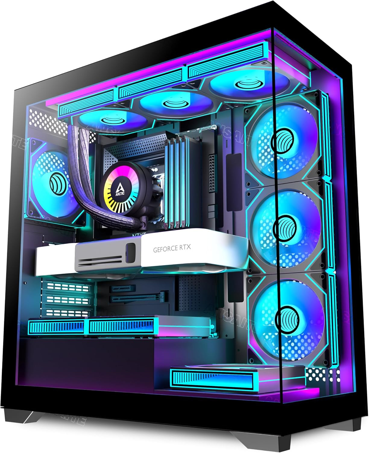 PC CASE 7 PWM ARGB Fans Pre-Installed, Mid-Tower Gaming PC Case, Panoramic Tempe