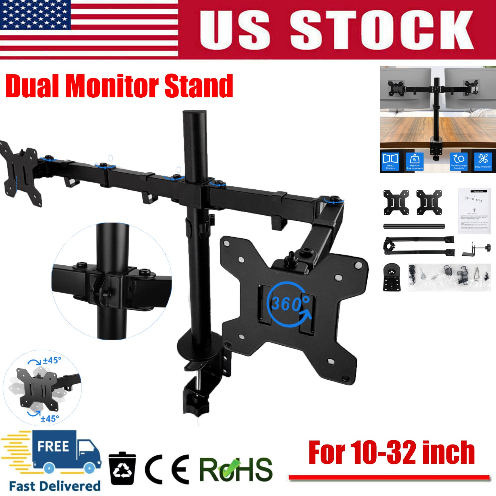 Dual Monitor Stand for 10” to 32” Screens,Free Standing Adjustable Monitor Mount