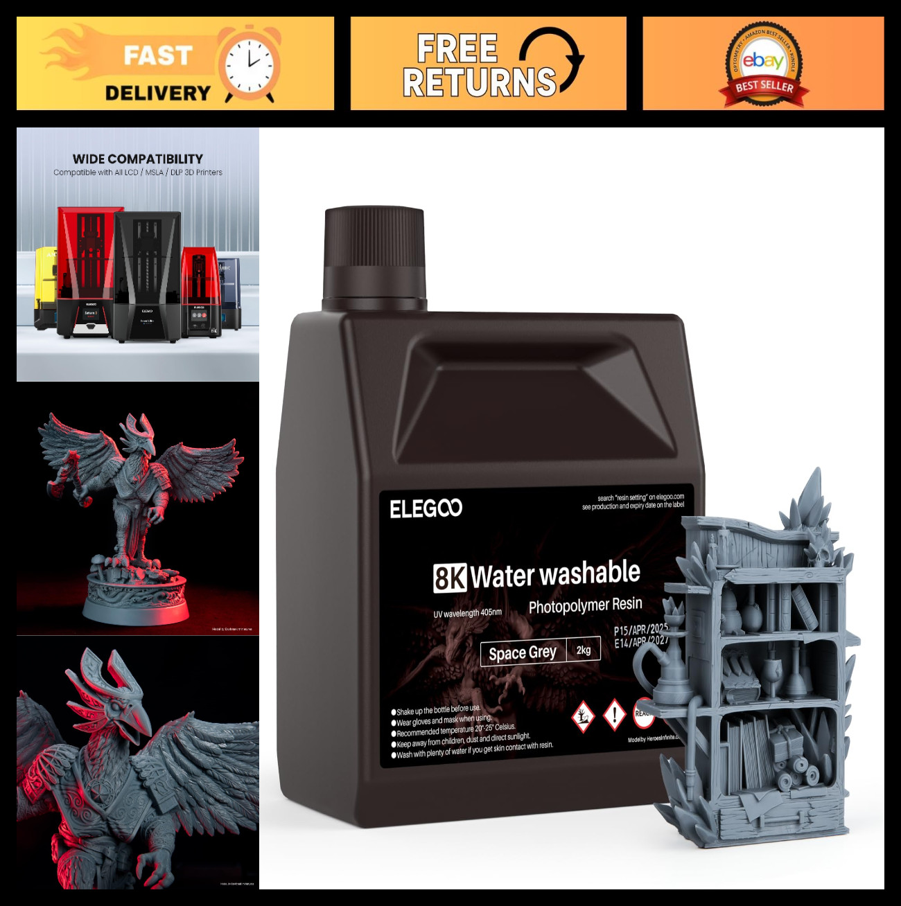 8K Water Washable 3D Printer Resin, 405nm UV Curing Photopolymer for LCD MSLA DL