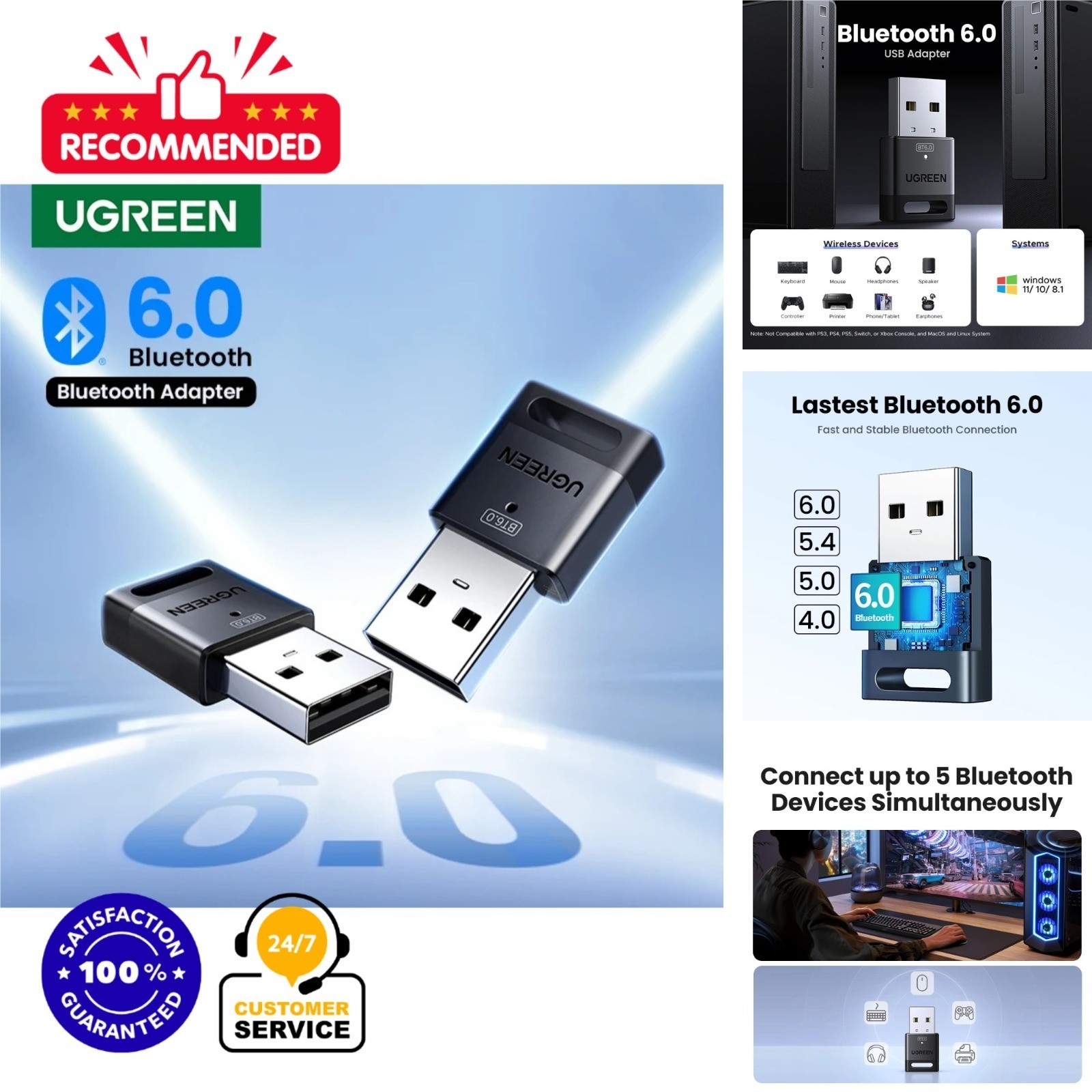 UGREEN USB Bluetooth 6.0 Adapter Dongle for Windows PC Keyboard Mouse