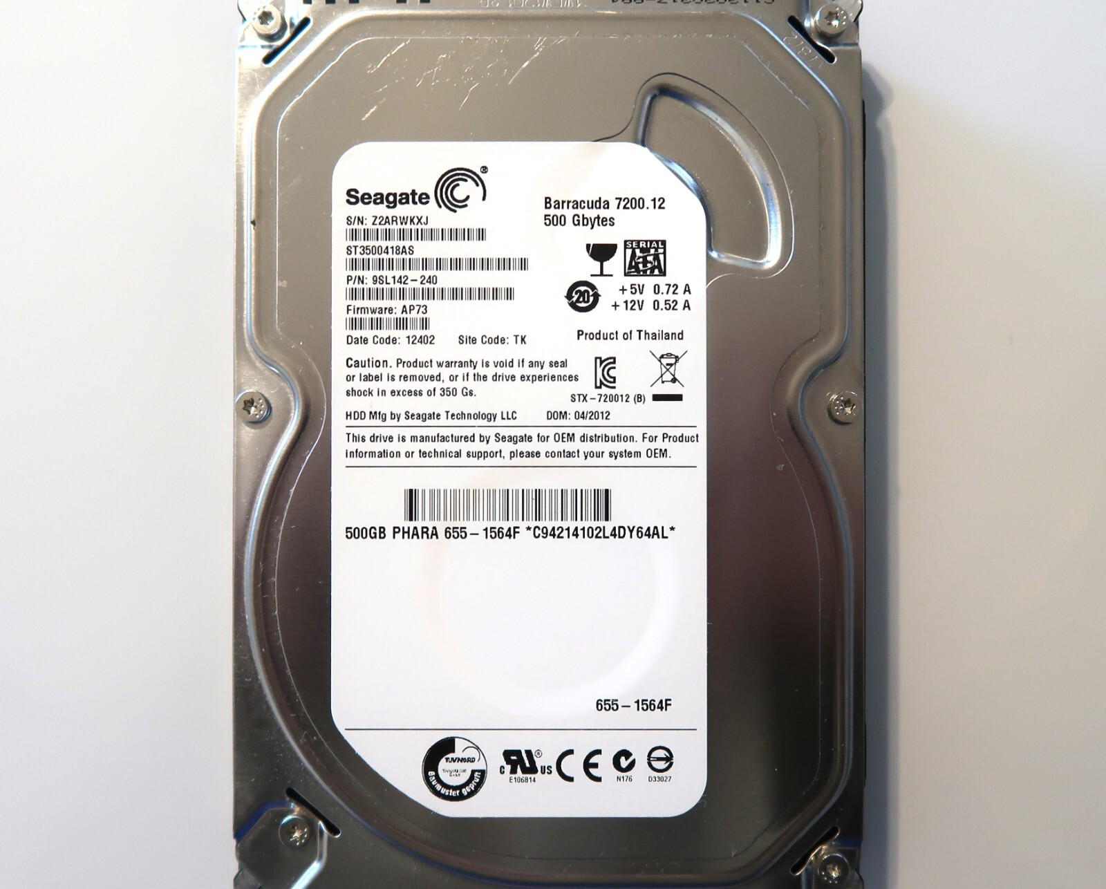 Seagate ST3500418AS 9SL142-240 AP73 TK (Z2A) Thailand 3.5" 500gb Sata HDD 2012