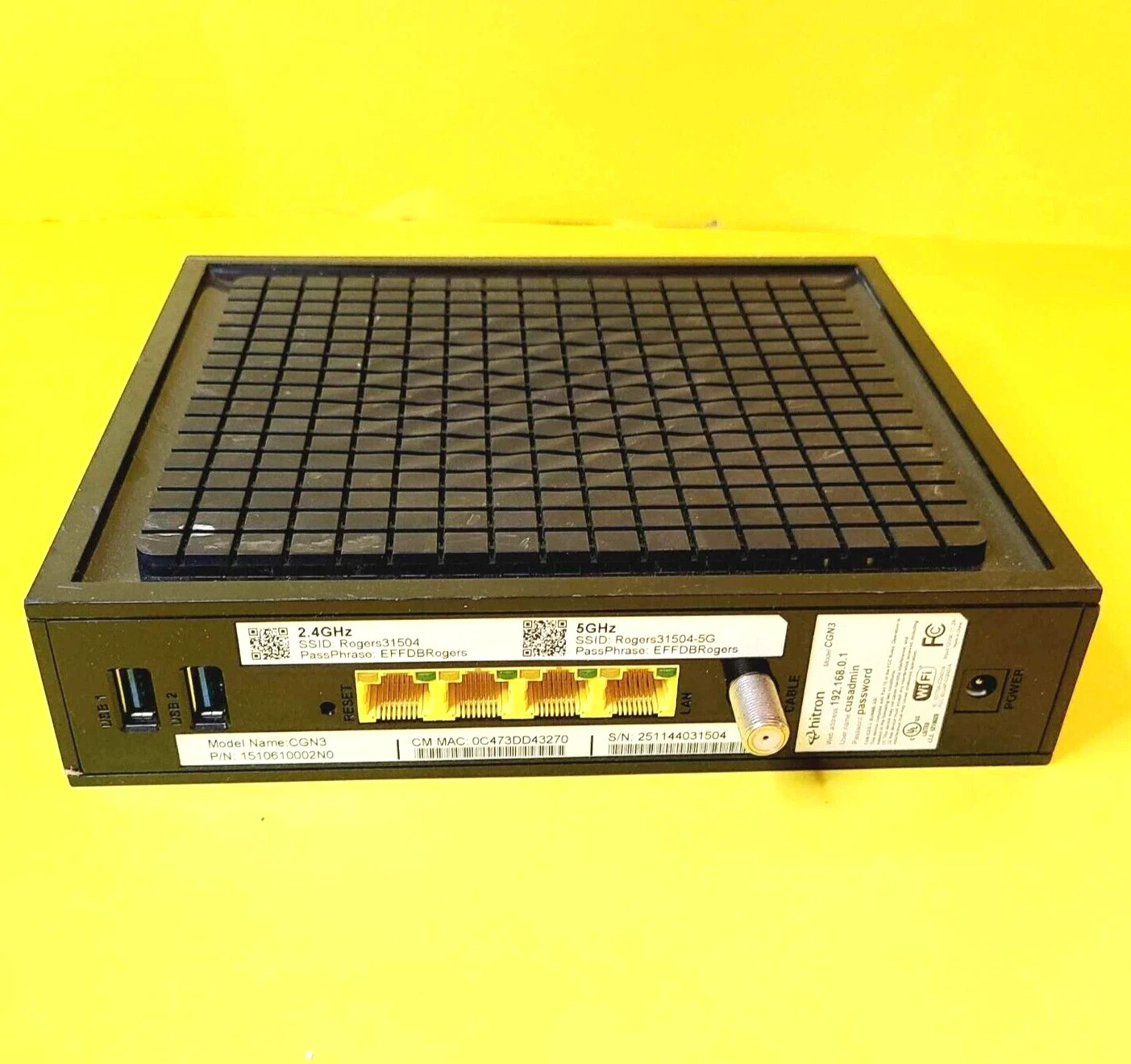 HITRON CGN3 DOCSIS ROGERS WIRELESS CABLE MODEM ROUTER GATEWAY WIFI 1510610002N0
