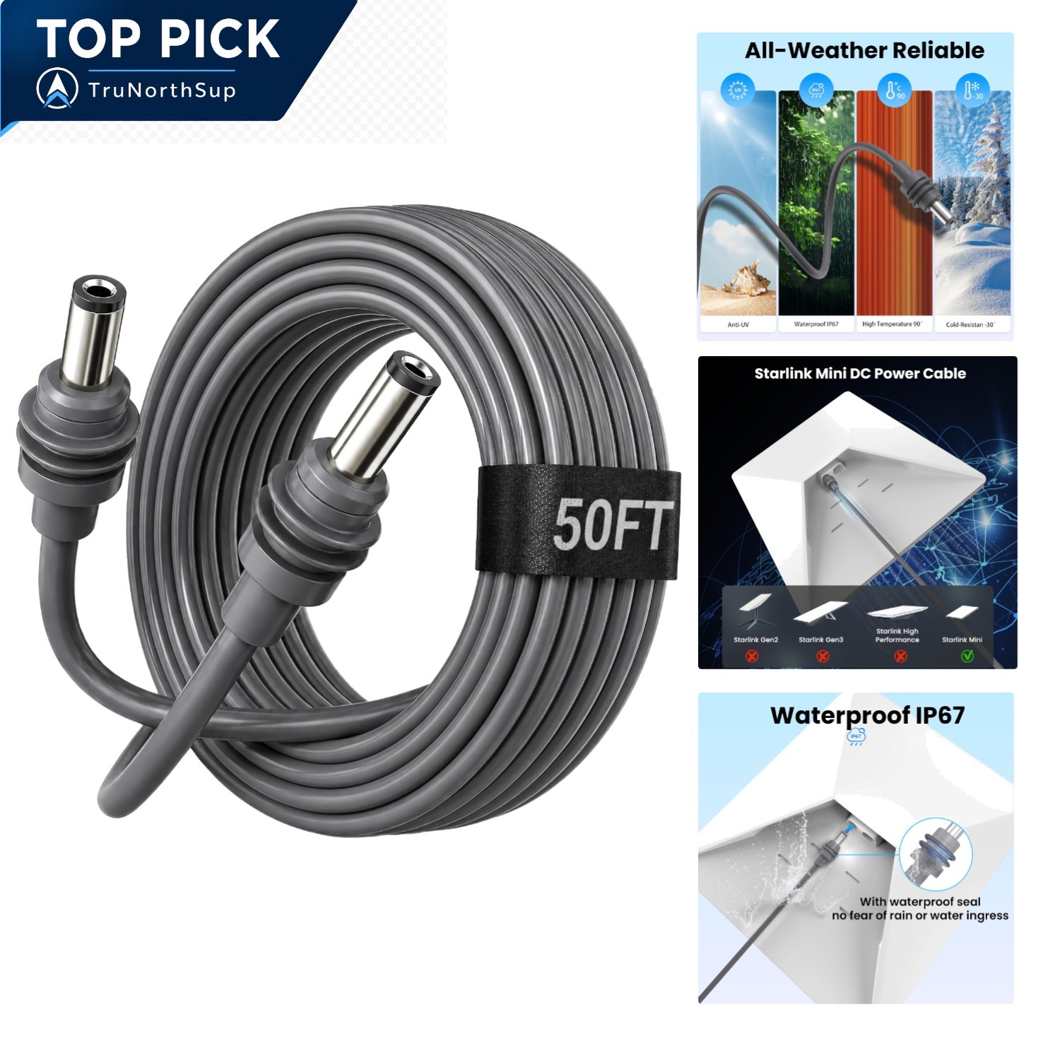 Starlink Mini Power Cable 50FT DC5521 Male to Male Replacement Waterproof Cord