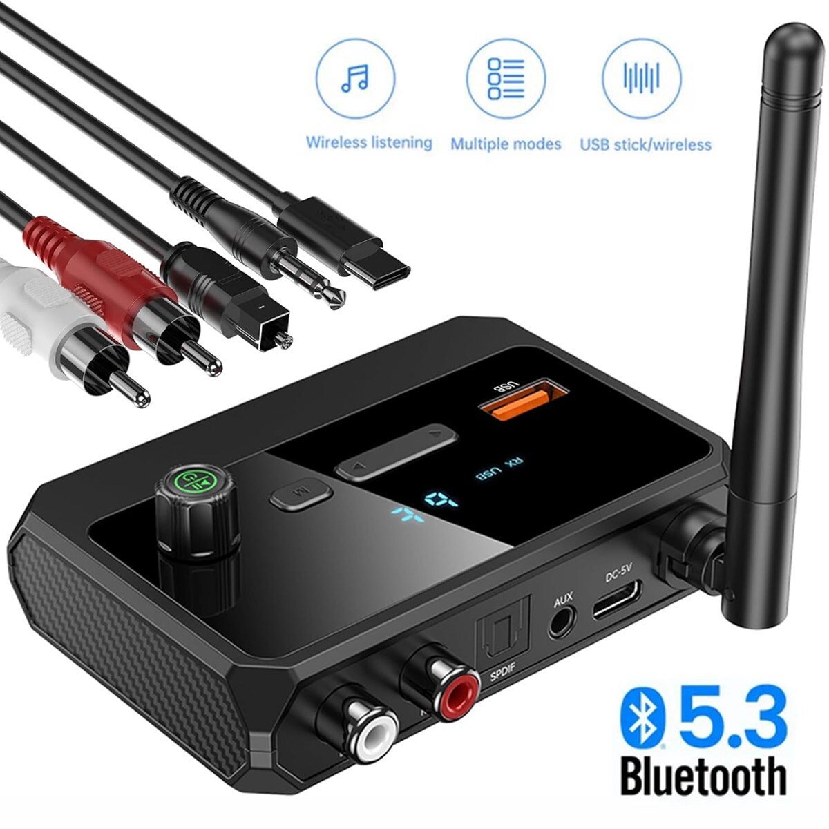 Bluetooth 5.3 Home Stereo Audio Receiver AUX USB Optical HD Music to RCA Adapter