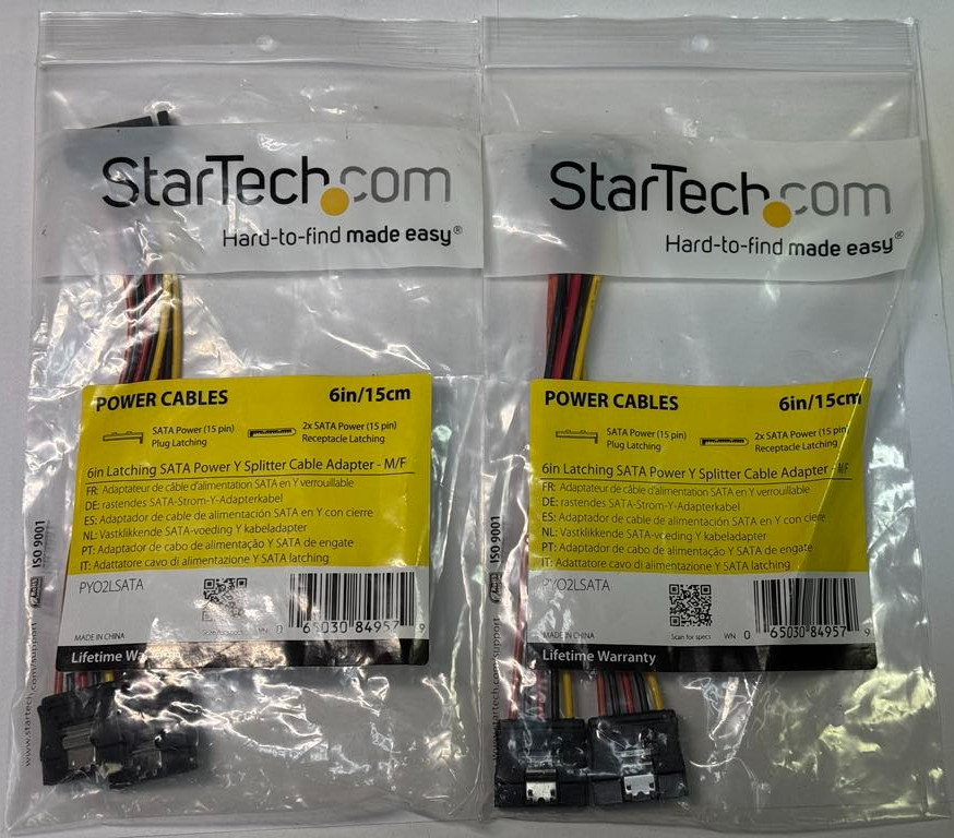 Lot of 2 StarTech PYO2LSATA 6in Latching SATA Power Y Splitter Cable Adapter M/F