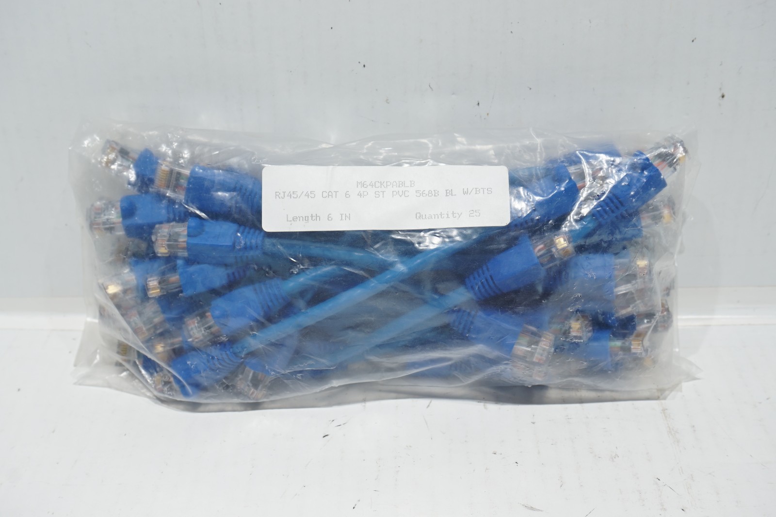 (25) RJ45/45 CAT6 4P ST PVC 568B BLUE W/BTS 6" CABLES - NEW M64CKPABLB