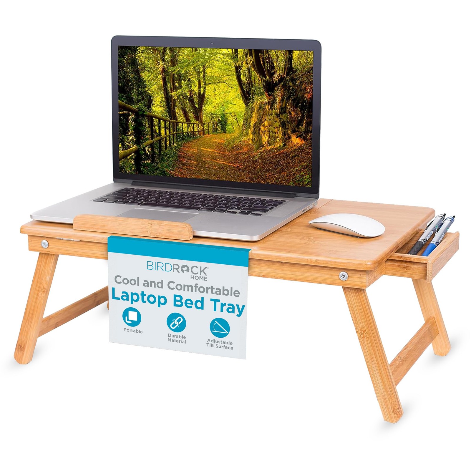 Bamboo Laptop Bed Tray (Natural)| Multi-Position Adjustable Surface | Pull Do...