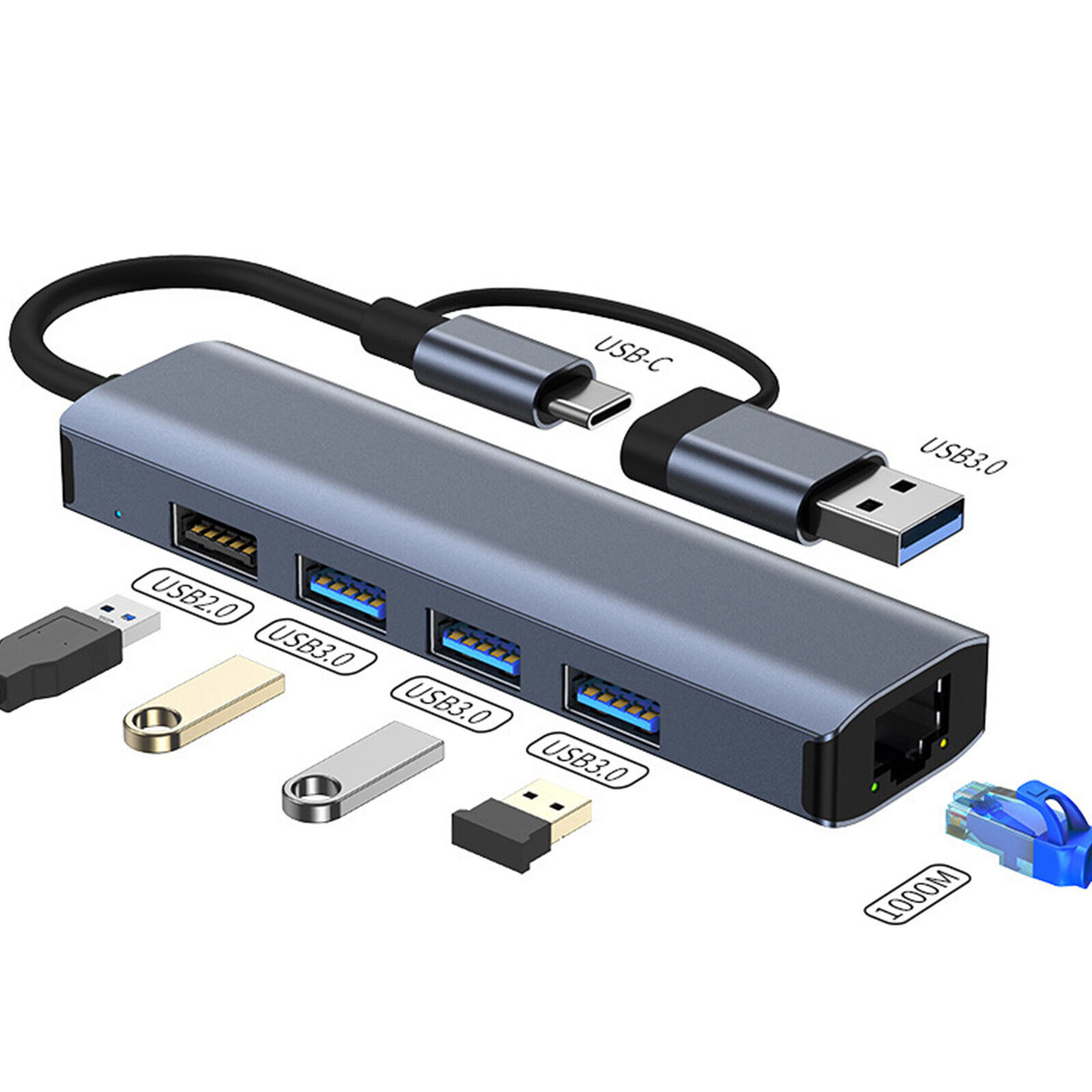 5-in-2 USB 3.0/USB C HUB Type C to RJ45 3x USB 3.0 1x USB 2.0 Adapter Converter