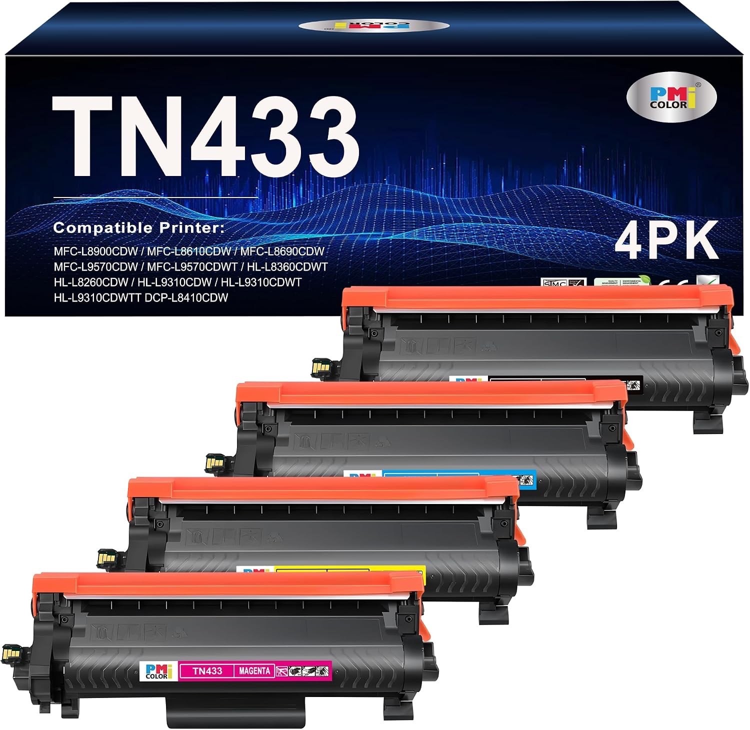 TN433BK, TN433C, TN433M, TN433Y Toner Cartridge Replacement for Brother TN433