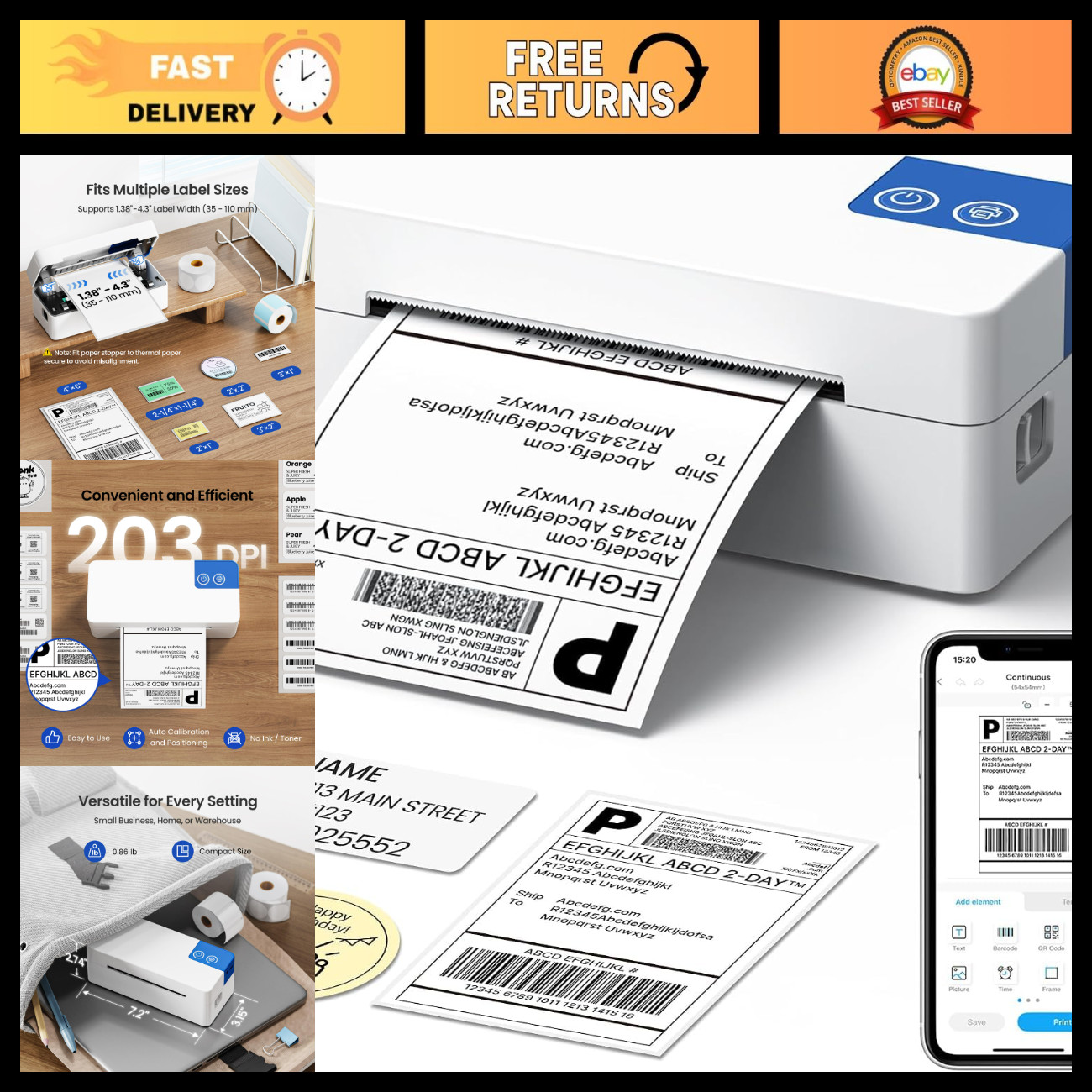Wireless 4x6 Bluetooth Thermal Shipping Label Printer - Fast, High-Quality Label