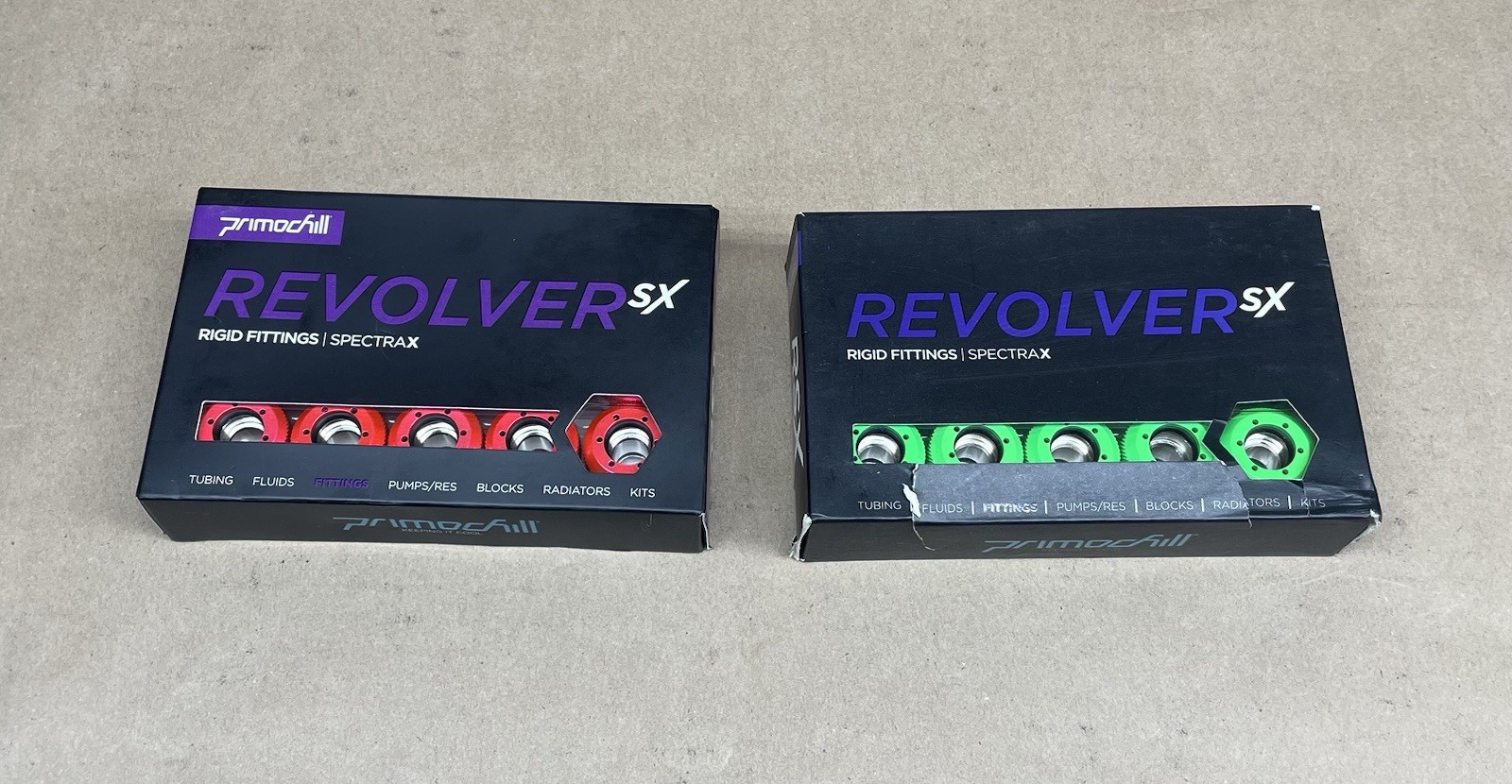 Two Primochill Revolver SX Rigid Fittings 1/2" (UV RED & UV GREEN) | NEW IN BOX